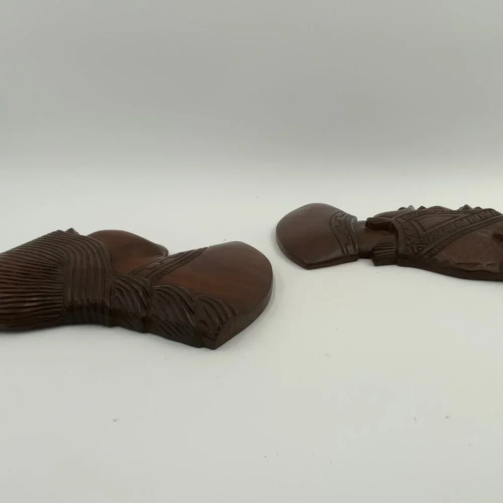 2 Vintage Carved Wood Native American Heads Male & Female Wall Hanging Art MCM
